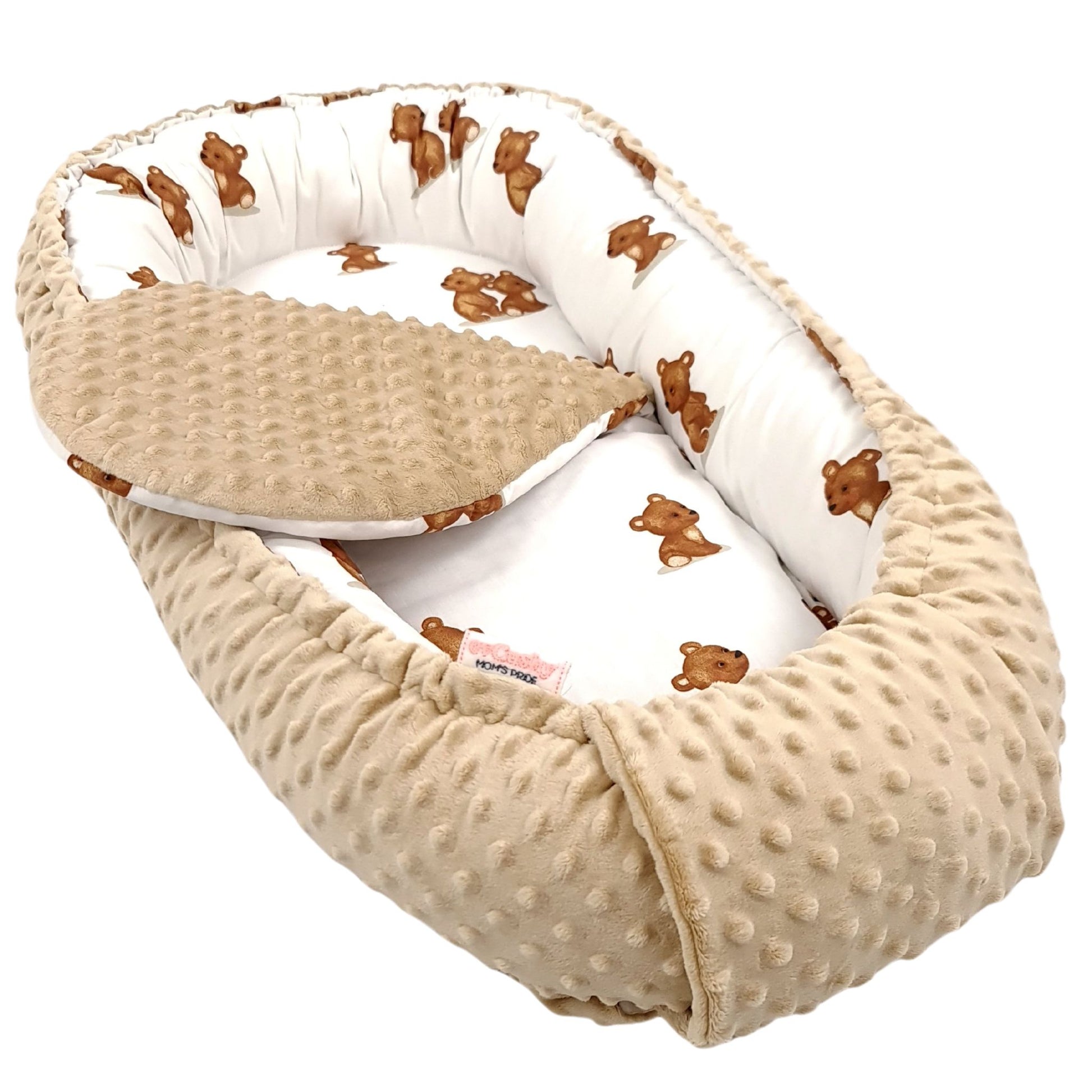 Teddy bear pattern baby lounger nest with liner for newborns, handmade with care