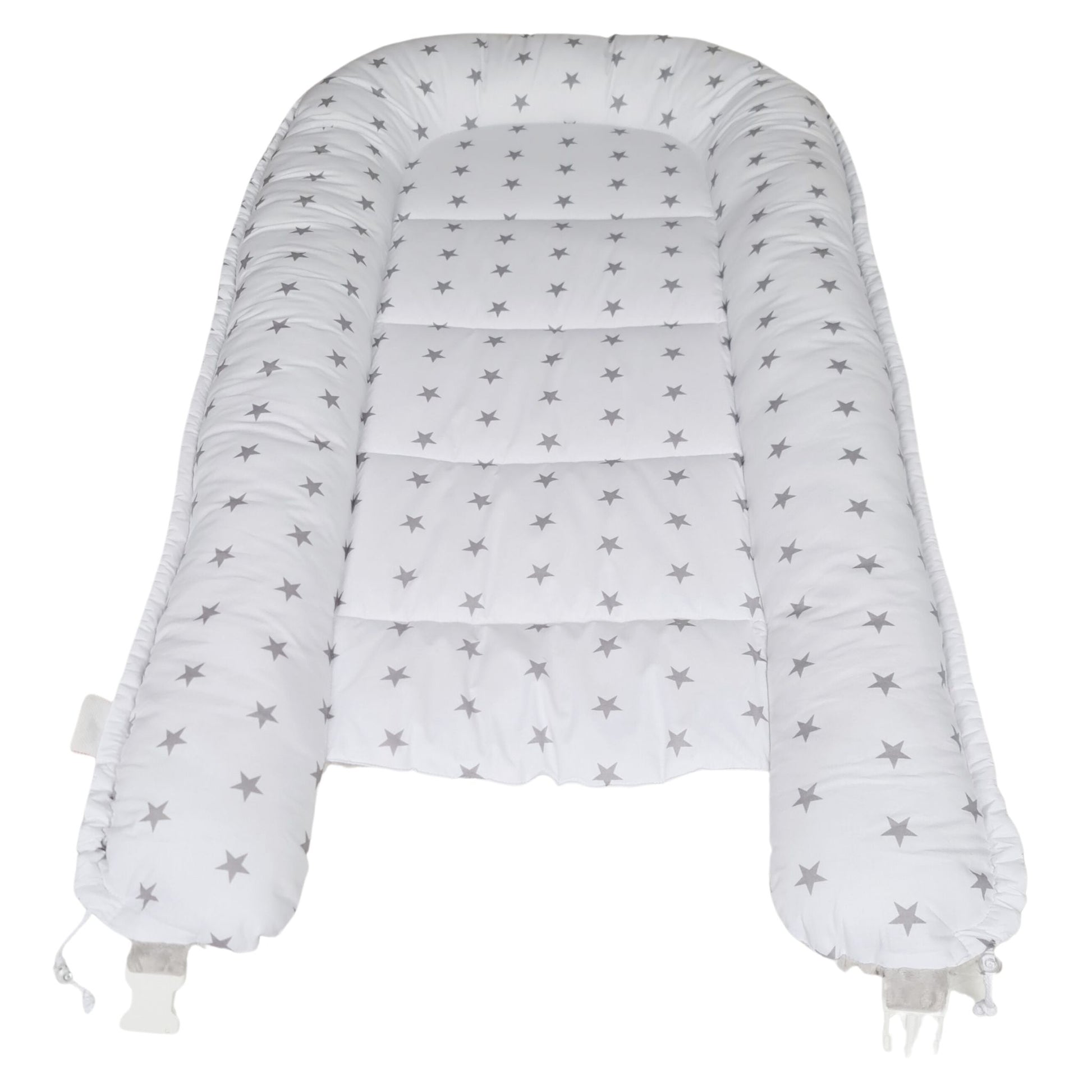 baby sleep pod nest cocoon cosy bed for toddlers white with grey stars