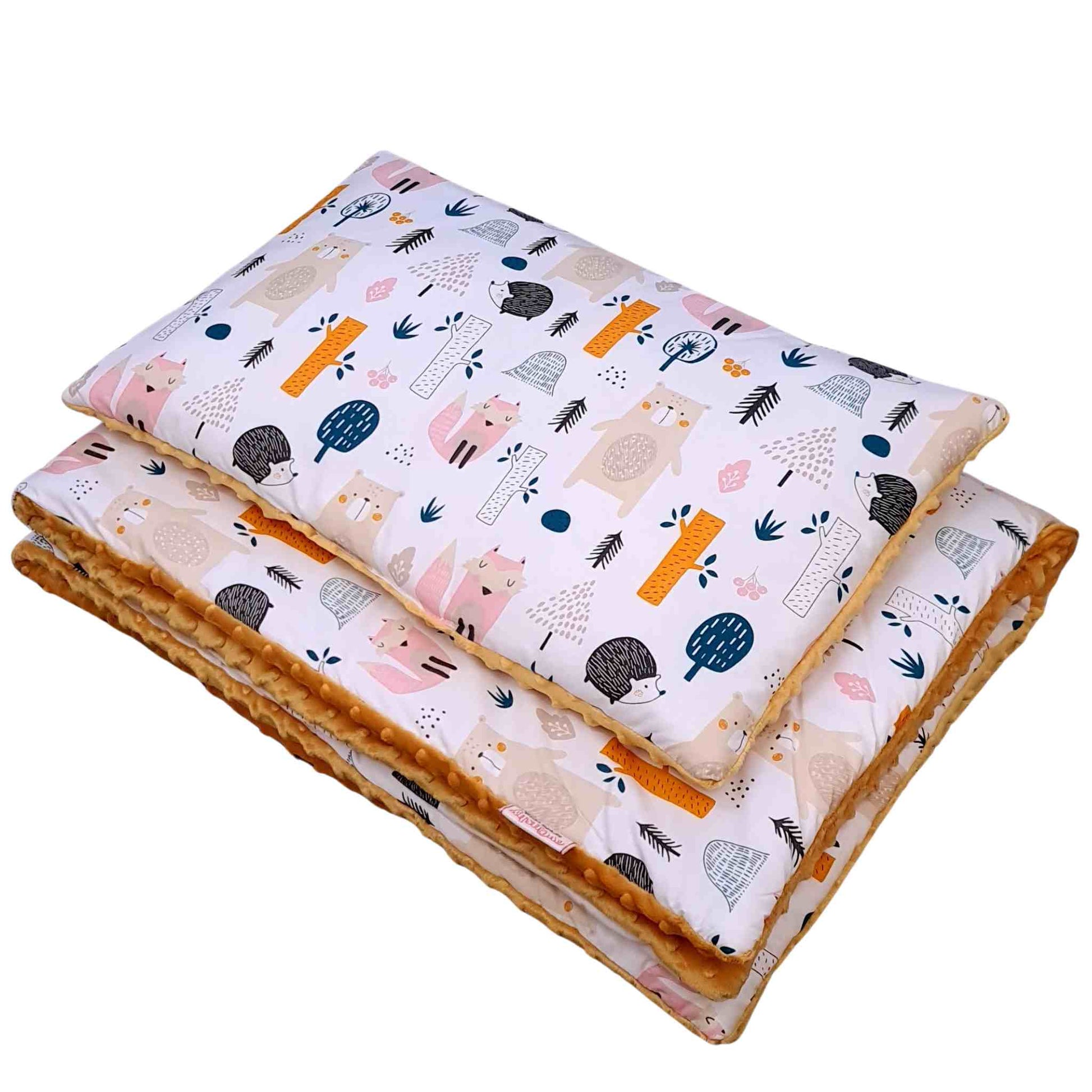 baby bedding with filling duvet and pillow set toddler size 1-5 years forest pattern mustard plush