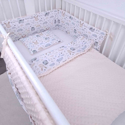baby blanket and pillow quilt cosy warm bedding owls and bunnies pattern and cot bed bumper