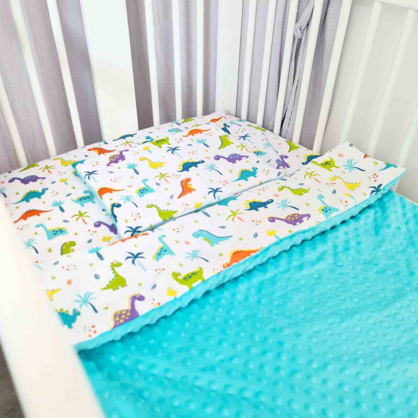 baby cot set quilt and pillow dinosaurs made of cotton and minky plush aqua blue colour