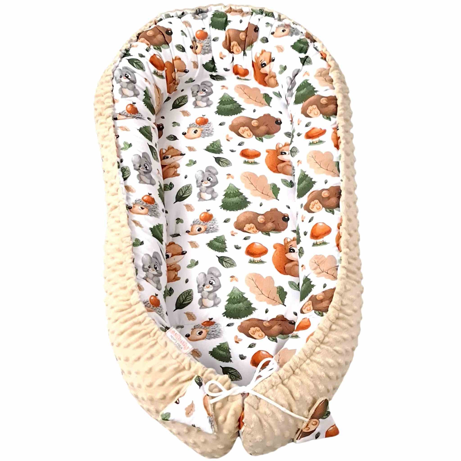 safe baby nest for newborns breathable cotton woodland pattern with animals and soothing plush beige colour 0-7 months evCushy