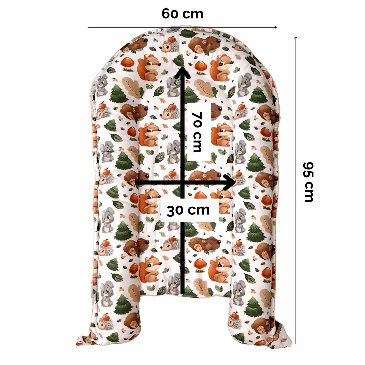 baby nest 0+ months size 95cmx60cm breathable cotton woodland pattern with animals and soothing plush beige colour 0-7 months evCushy
