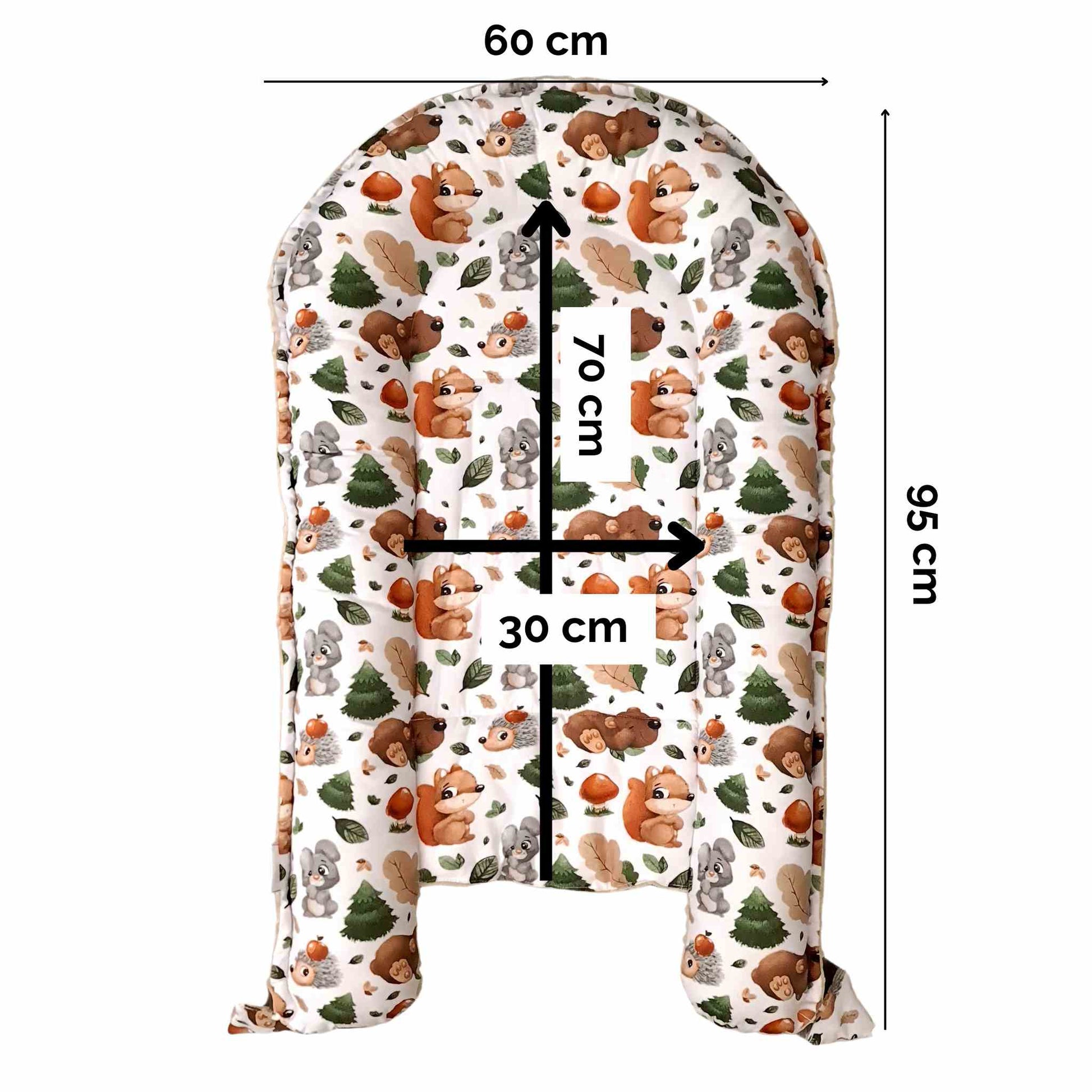 baby nest 0+ months size 95cmx60cm breathable cotton woodland pattern with animals and soothing plush beige colour 0-7 months evCushy