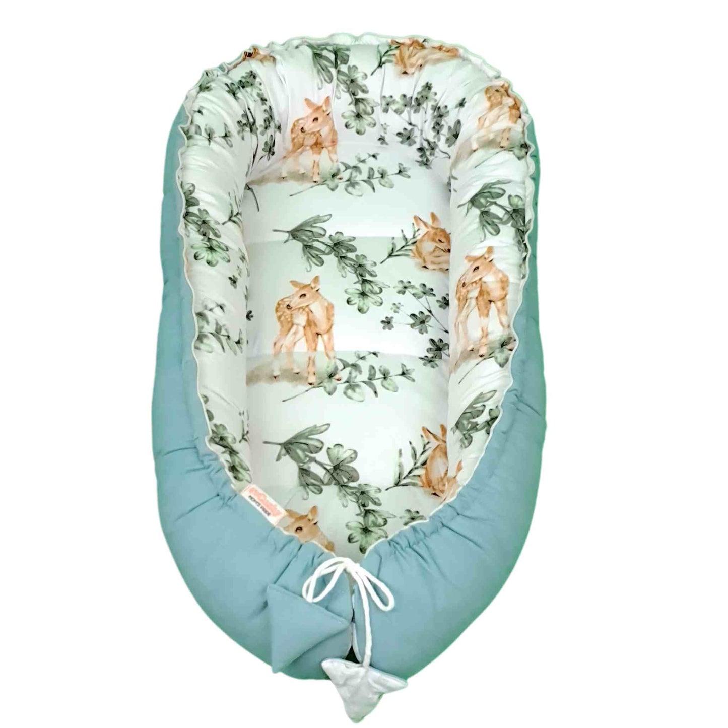 baby nest newborn lounger sleep pod portable baby nest doublesided nest with liner cotton deer and eucaliptus 
pattern evcushy