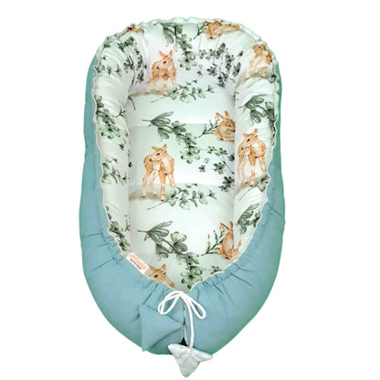baby nest newborn lounger sleep pod portable baby nest doublesided nest with liner cotton deer and eucaliptus 
pattern evcushy