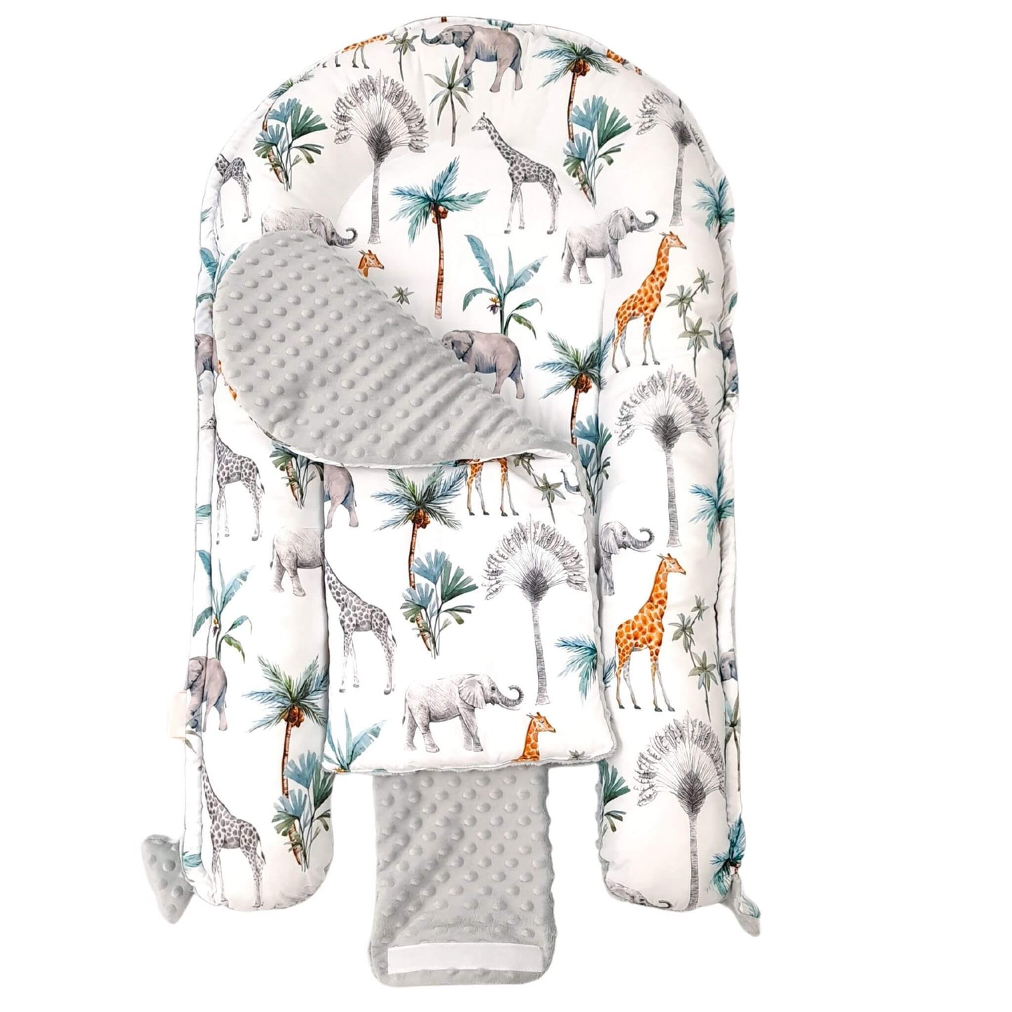 Baby nest for newborn with removable liner and drawstring details with Velcro safety band great as a play mat or changing bag


