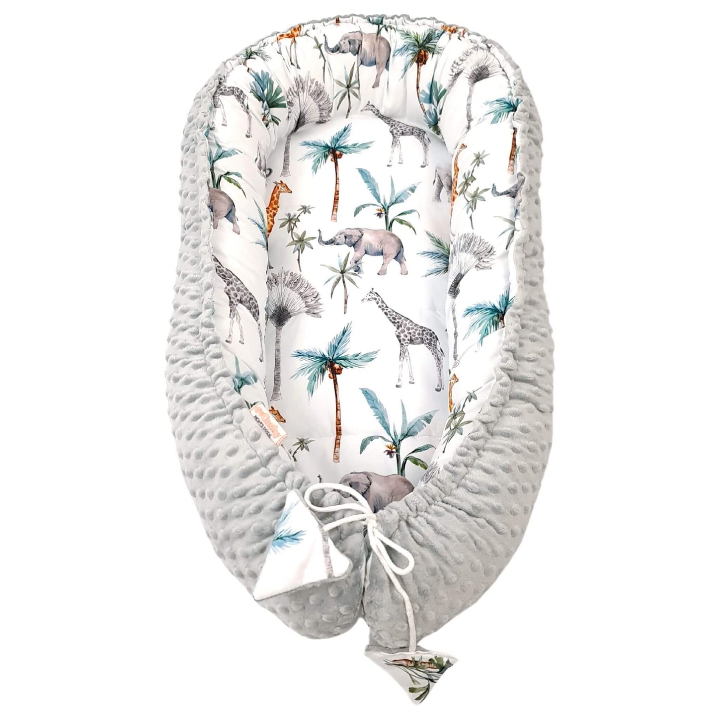 evCushy Baby Nest  safari jungle animals interior in soft grey dimple plush fabric – cosy and warm showing the drawstrings closure
