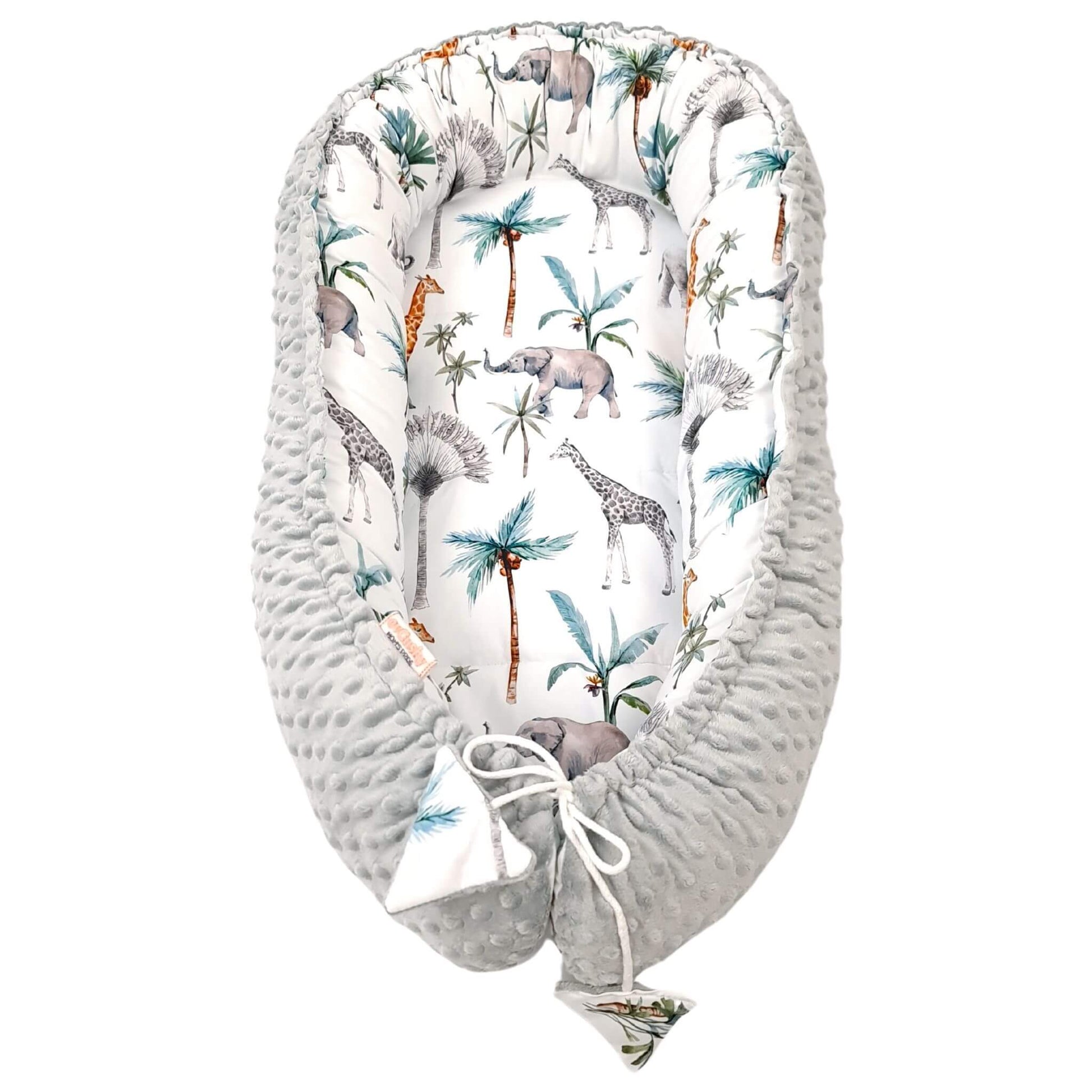 evCushy Baby Nest  safari jungle animals interior in soft grey dimple plush fabric – cosy and warm showing the drawstrings closure
