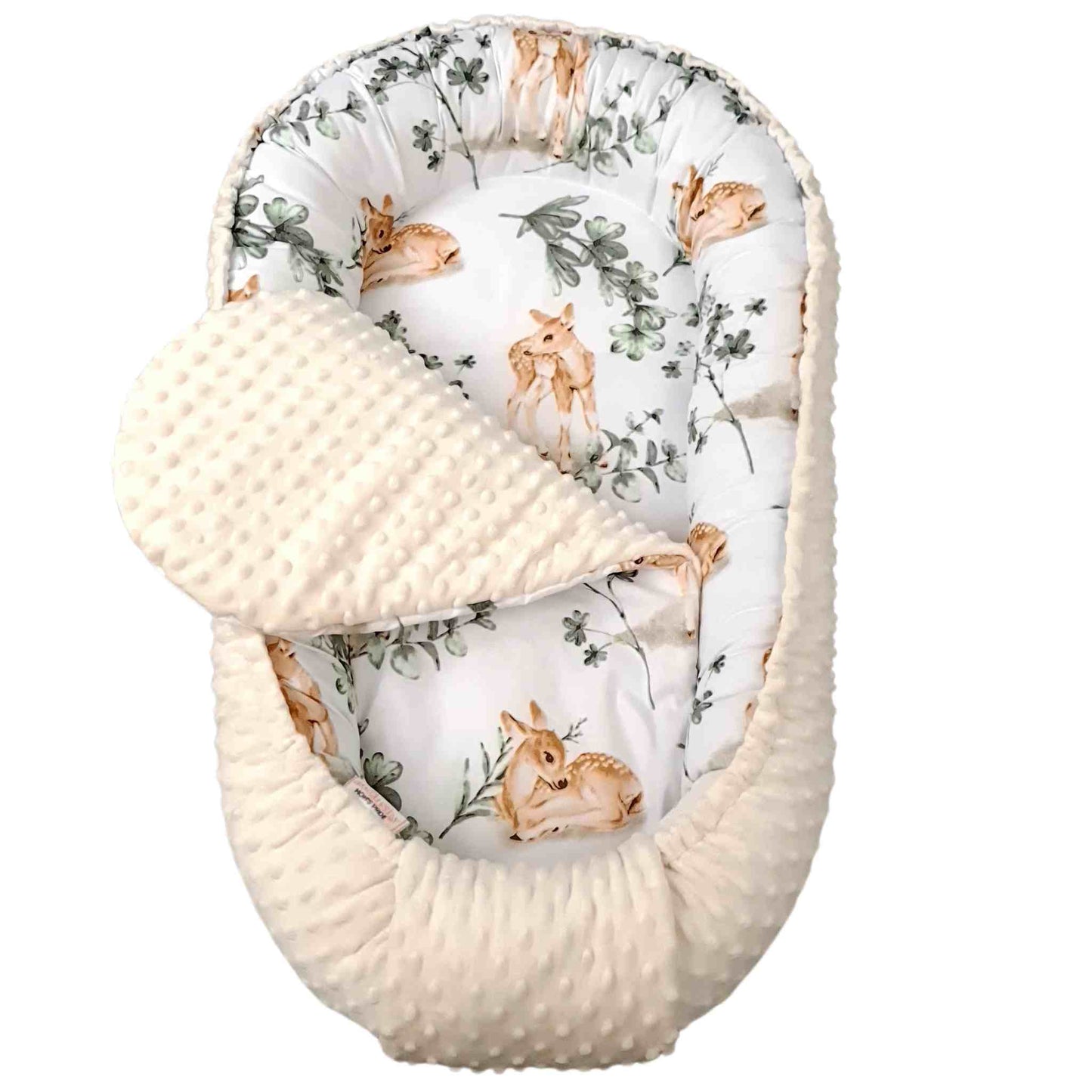 baby sleeping pod 0-7 months pod with liner evCushy deer pattern cosy infants lounger cream colour and deers pattern