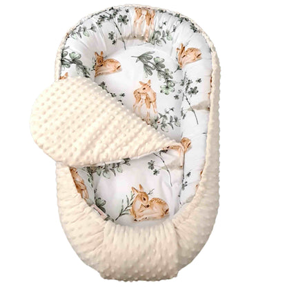 baby sleeping pod 0-7 months pod with liner evCushy deer pattern cosy infants lounger cream colour and deers pattern