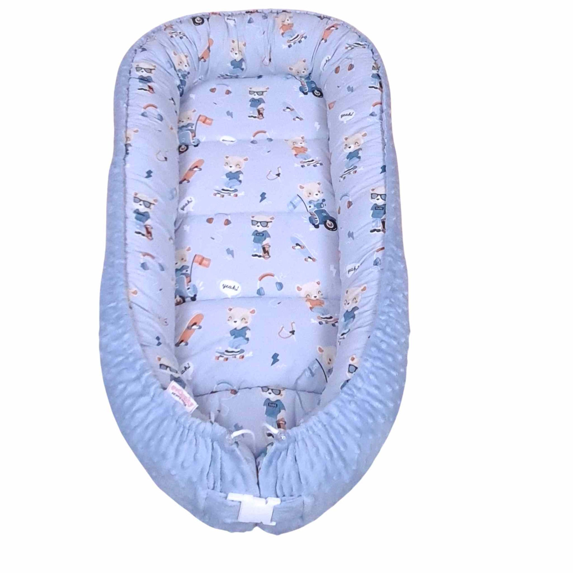 baby toddler pod nest lounger cushion blue plush and cotton 6-36 months large sleeping area cosy material