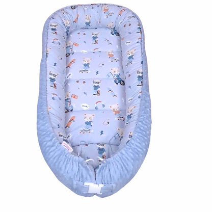 baby toddler pod nest lounger cushion blue plush and cotton 6-36 months large sleeping area cosy material