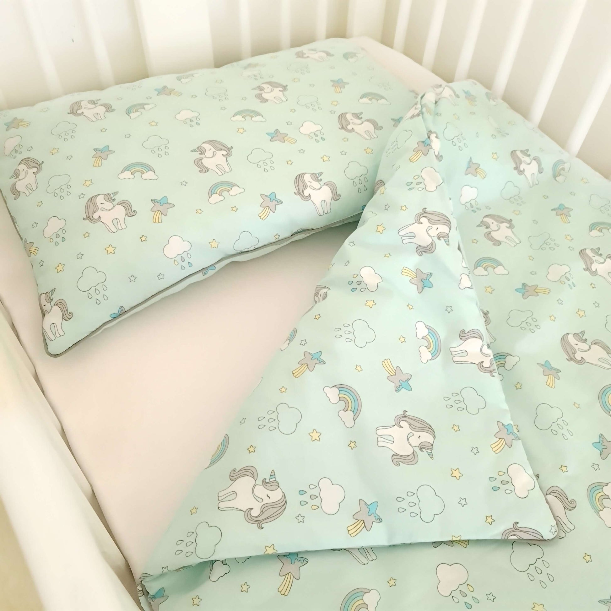 baby bedding with filling quilt duvet and pillow for crib mint green  unicorns 