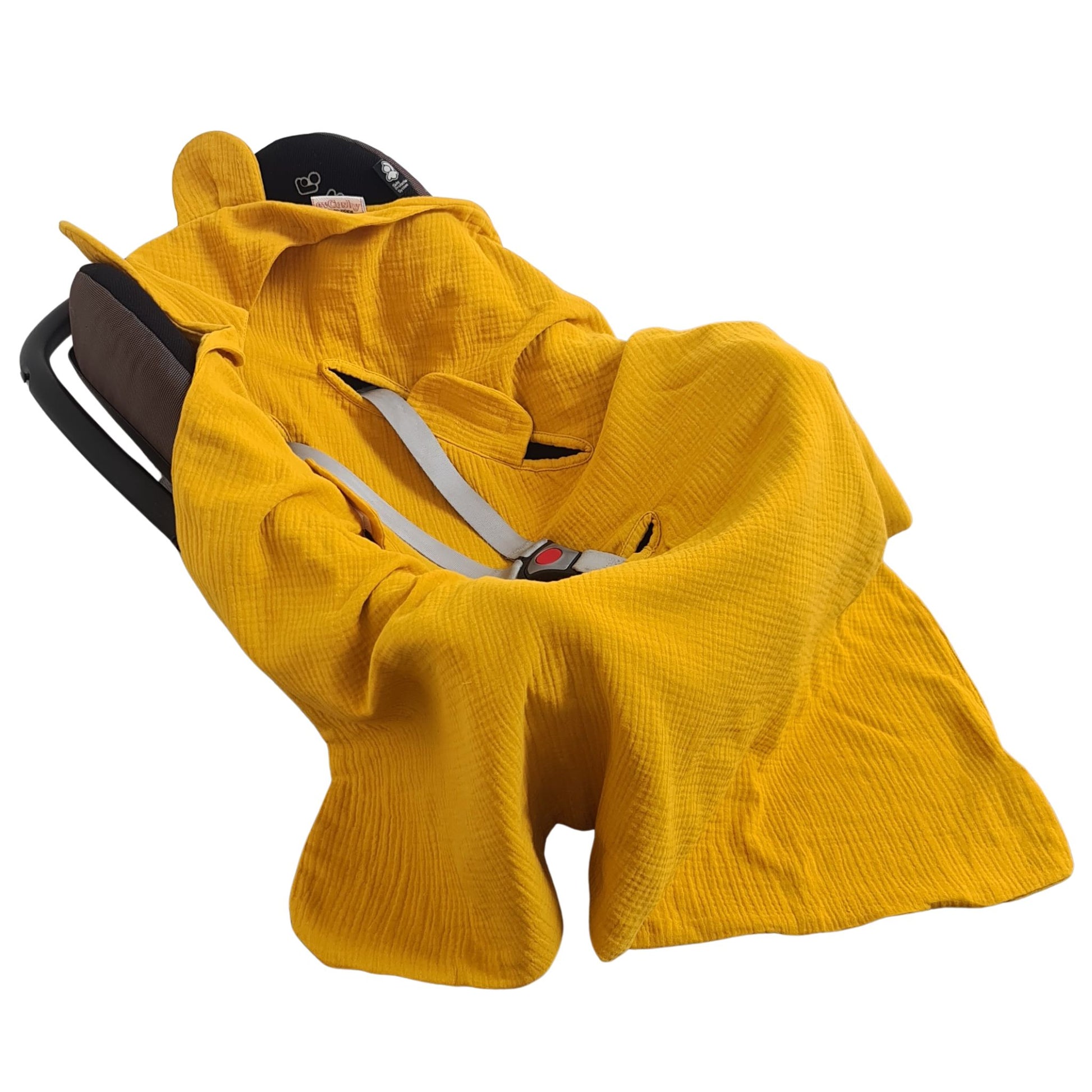 evcushy baby car seat blanket made of mustard yellow muslin 100% cotton