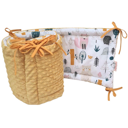 baby cot crib bed bumper padded cosy protector for cot mustard plush and forest animals pattern