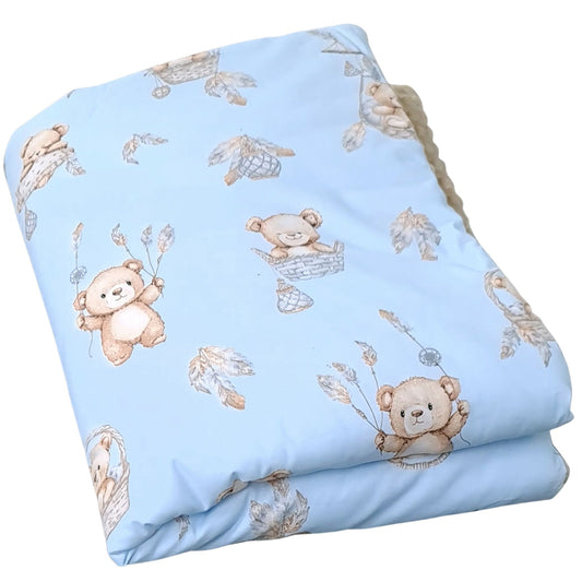 Baby duvet and pillow set featuring mocca teddy bears on blue cotton fabric
