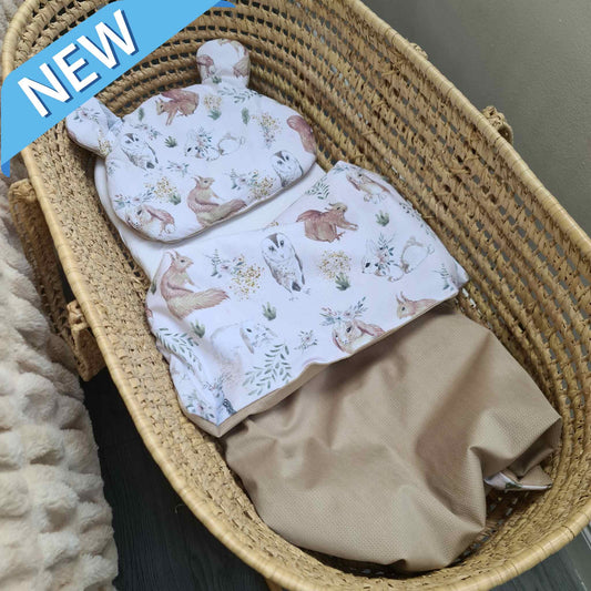 moses basket size blanket and pillow teddy beige and woodland pattern