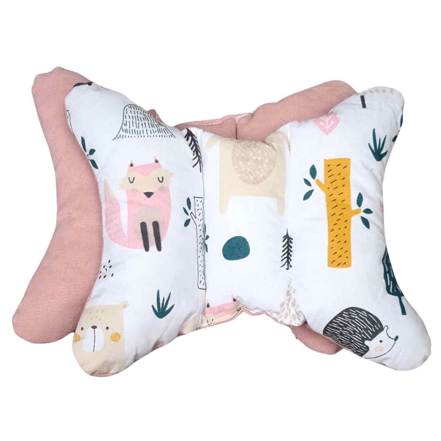 pink pillow for baby and toddler head support pillow butterfly shape with forest animal pattern