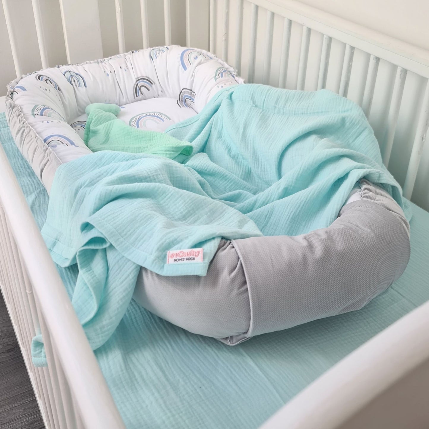 Baby Sleep Pod Nest XXL  Grey  Rainbows  New Design