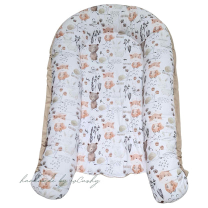 baby nest from newborn safe sleeping bed for infants beige with forest pattern evcushy