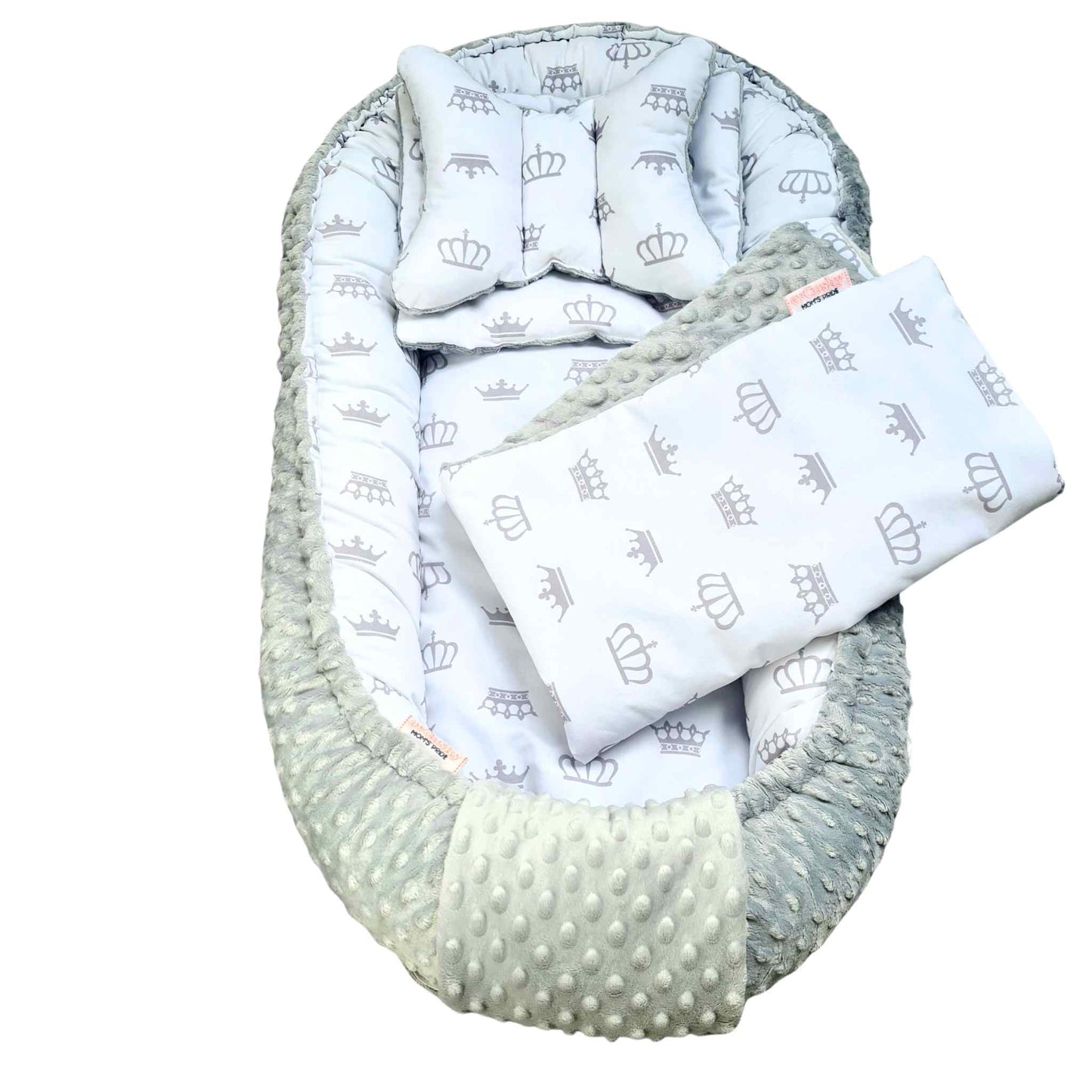 baby nest sleep pod cosy lounger grey bottom white with grey crowns pattern with liner and pillow plus blanket evcushy