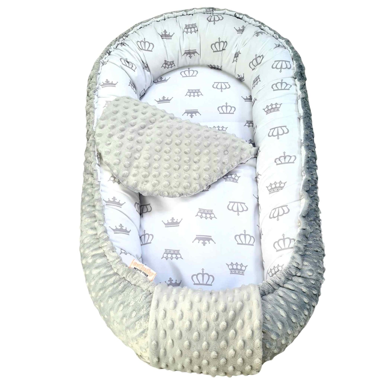 baby nest sleep pod cosy lounger grey bottom white with grey crowns pattern with liner evcushy