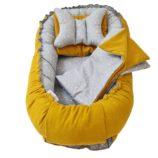 baby nest yellow mustar and grey 100% cotton breathable nest for newborn