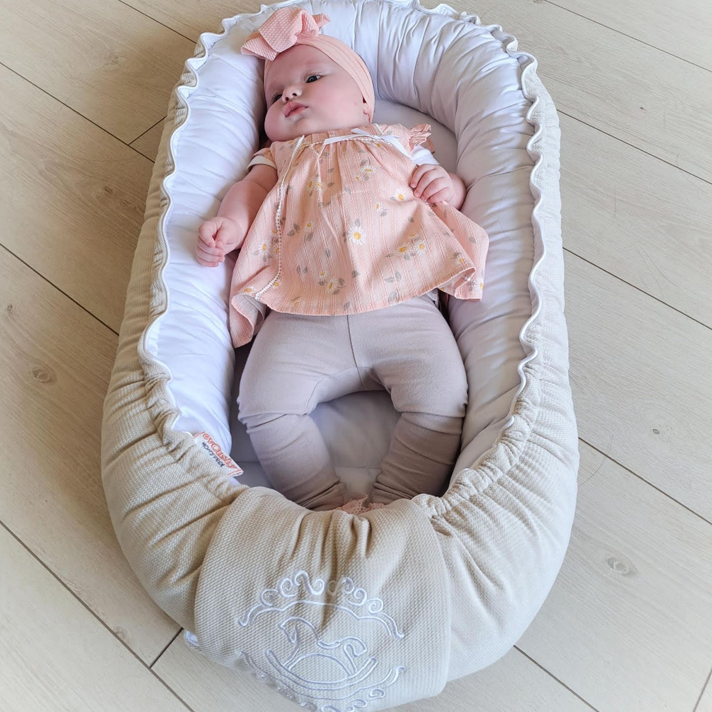 baby nest grey and white velvet and cotton with rocking horse embroidery