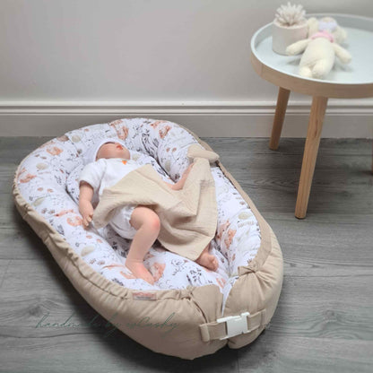 baby nest with liner from newborn safe sleeping bed for infants beige with forest pattern evcushy lounger