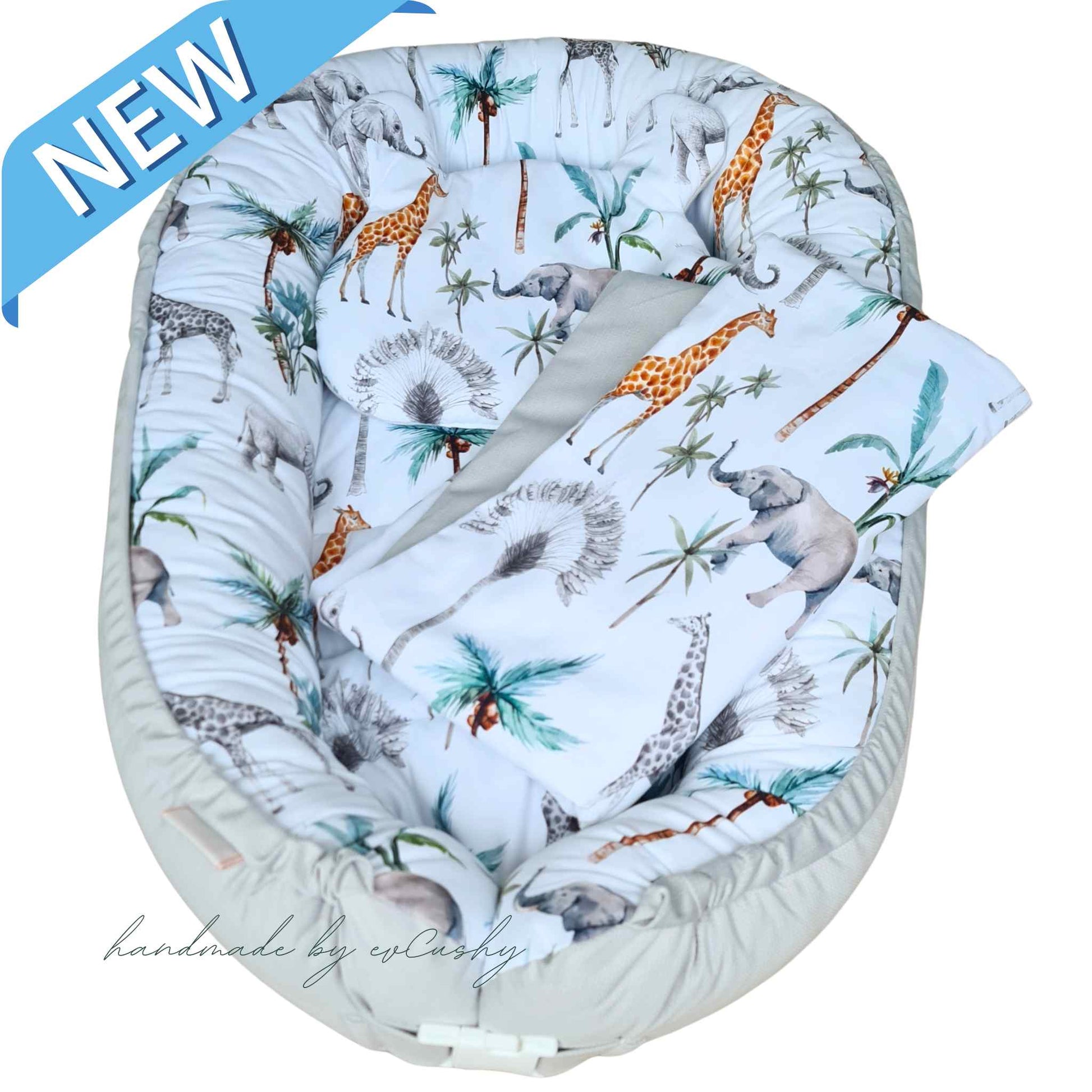 baby nest newborn bundle sleep pod liner pillow quilt grey with safari pattern evcushy