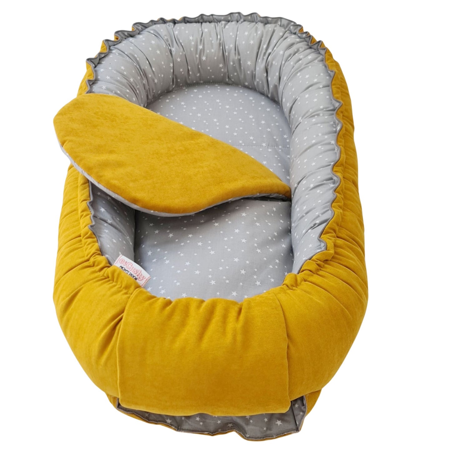 baby nest neutral gender ccolour grey and mustard breathable cotton nest