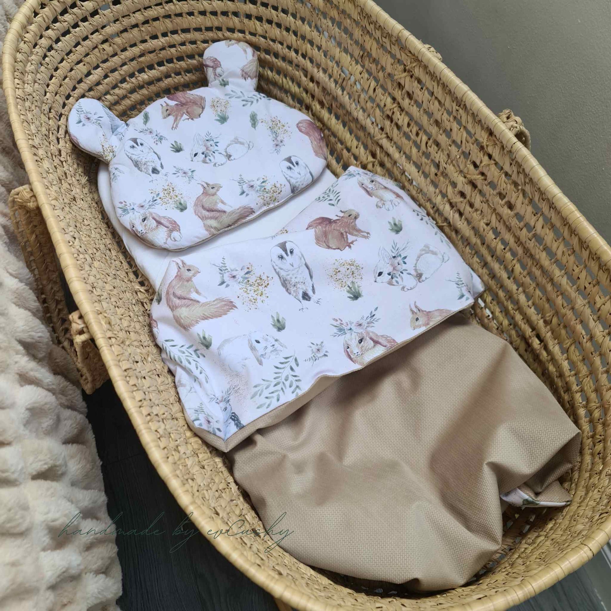 baby quilt & pillow beige with woodland pattern for baby girl