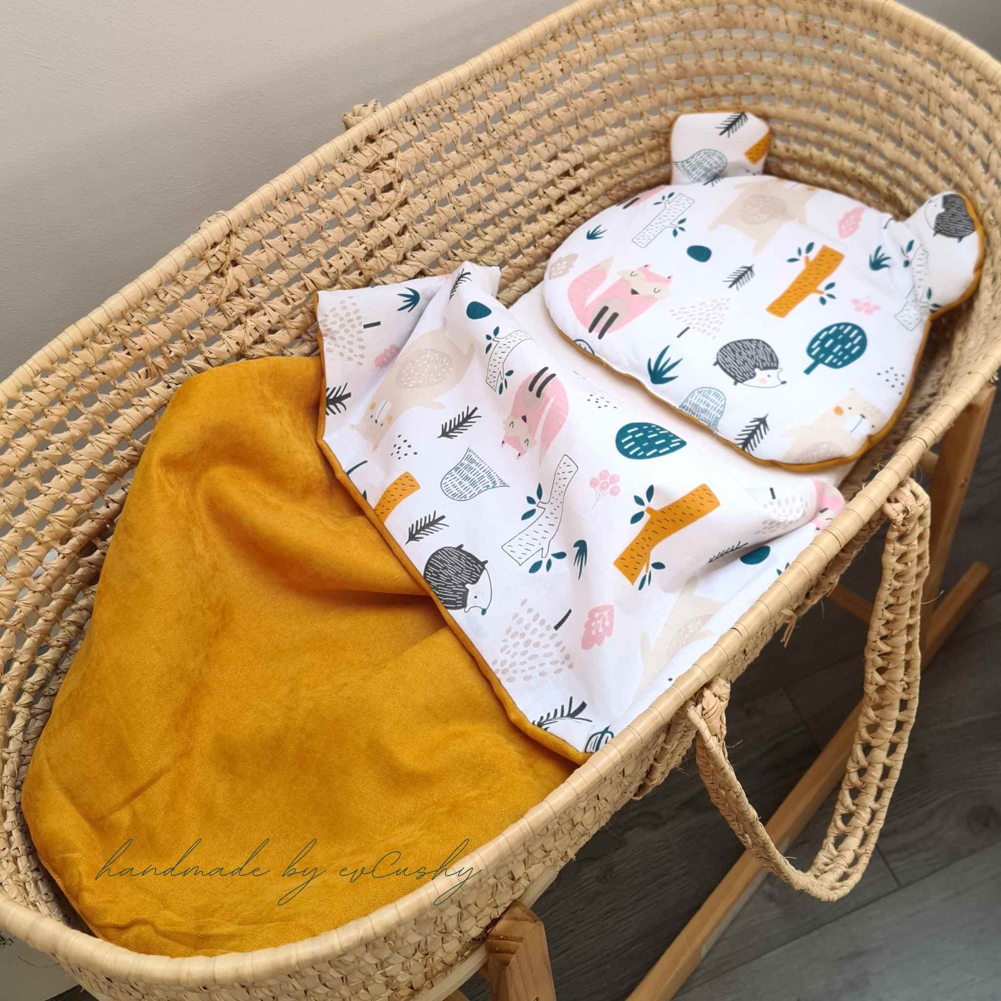 quilt and pillow for moses basket mustard and forest pattern with animals evcushy