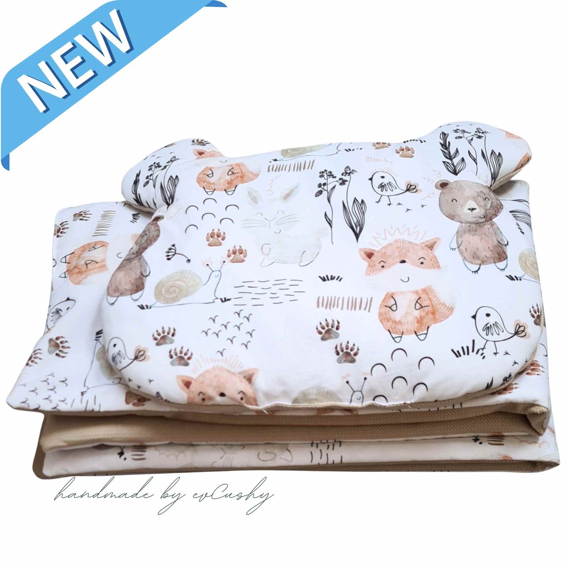 baby quilt and pillow for newborn cotton and velvet on reverse beige with forest pattern