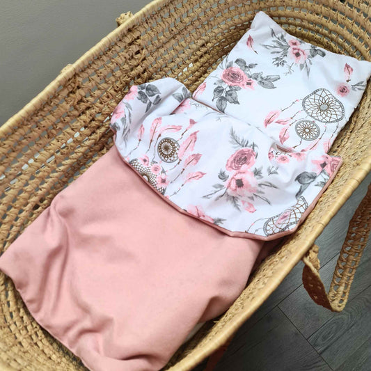 small pillow and quilt for moses basket pink and floral pattern roses