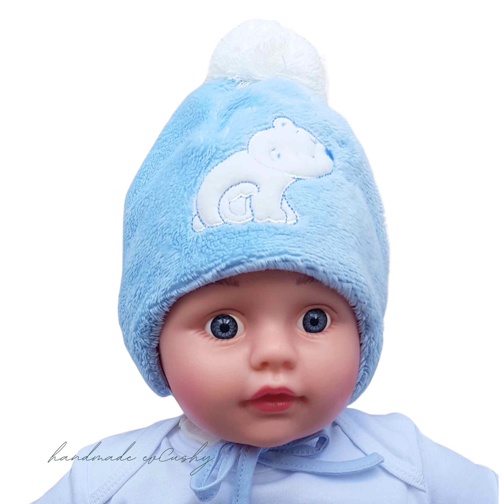 baby warm hat fleece hat with pom-pom blue colour hat with white pom-pom evCushy