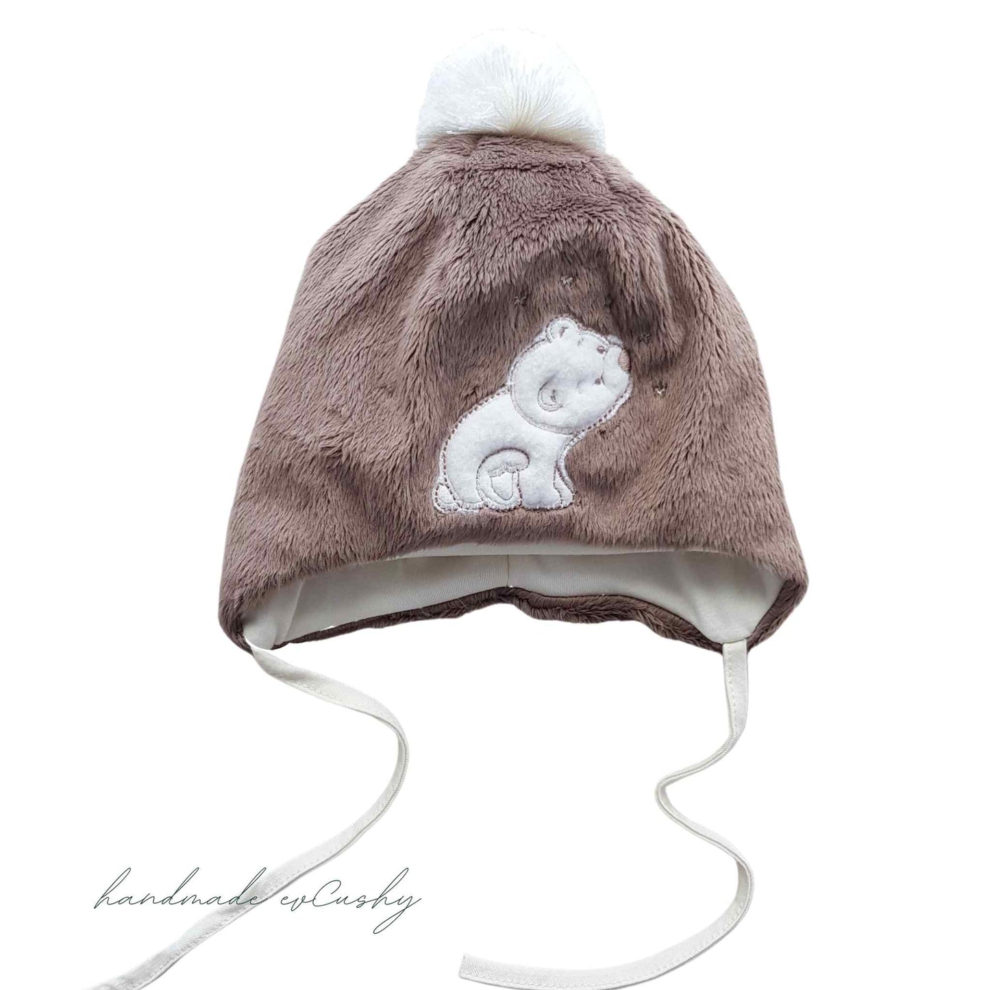 baby warm hat fleece hat with pom-pom brown colour hat with pom-pom evCushy