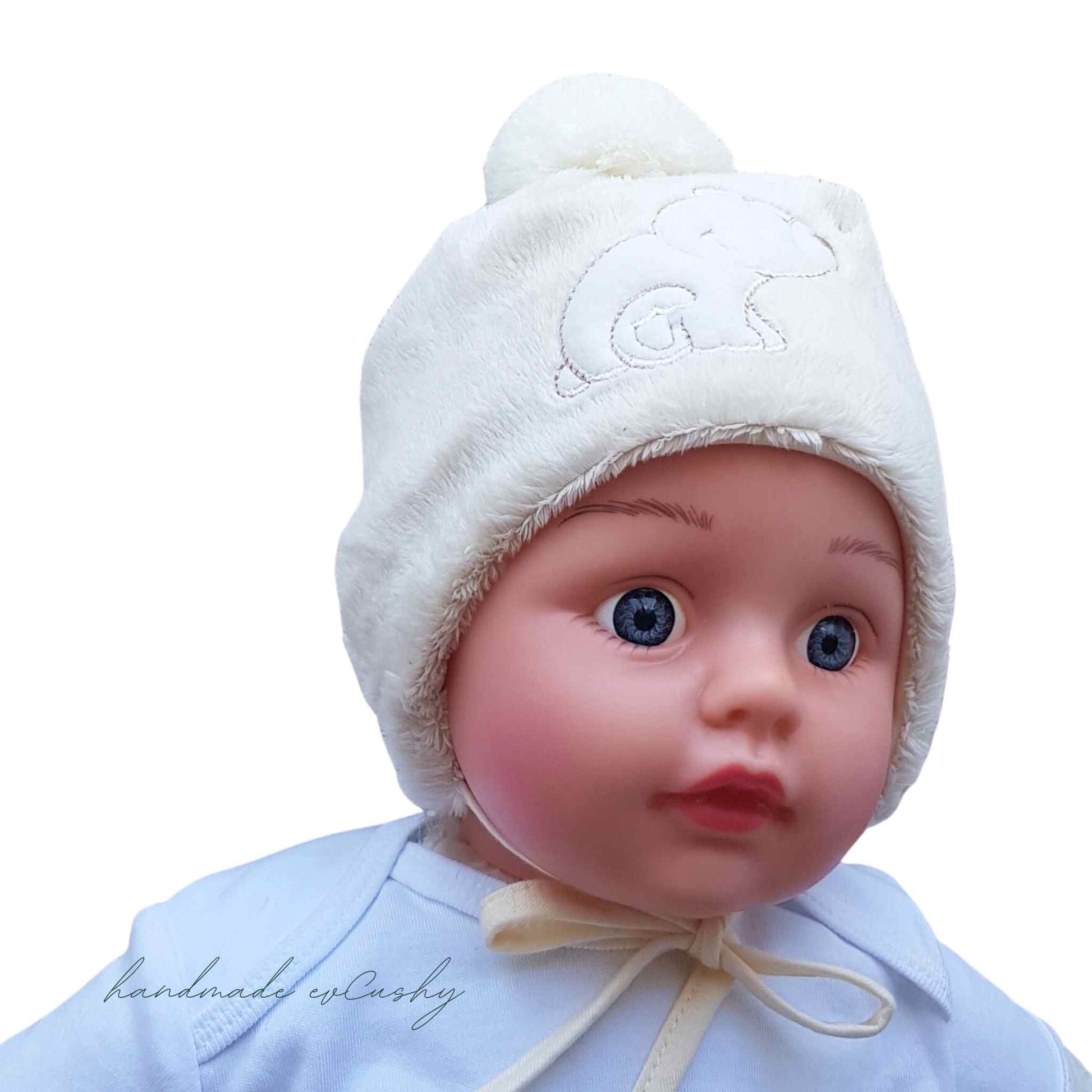 baby warm hat fleece hat with pom-pom cream colour hat with  pom-pom evCushy