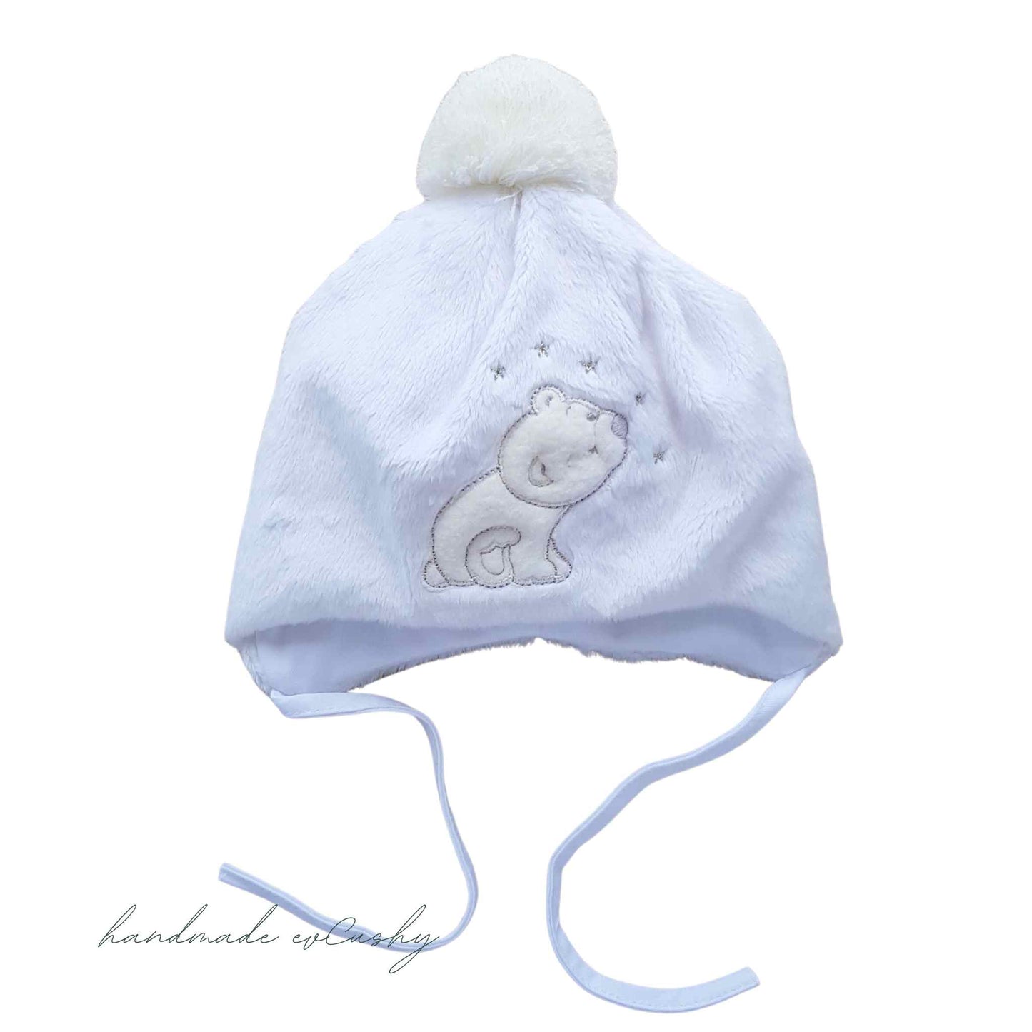 baby warm hat fleece hat with pom-pom beige colour hat with white pom-pom evCushy