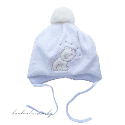 baby warm hat fleece hat with pom-pom beige colour hat with white pom-pom evCushy