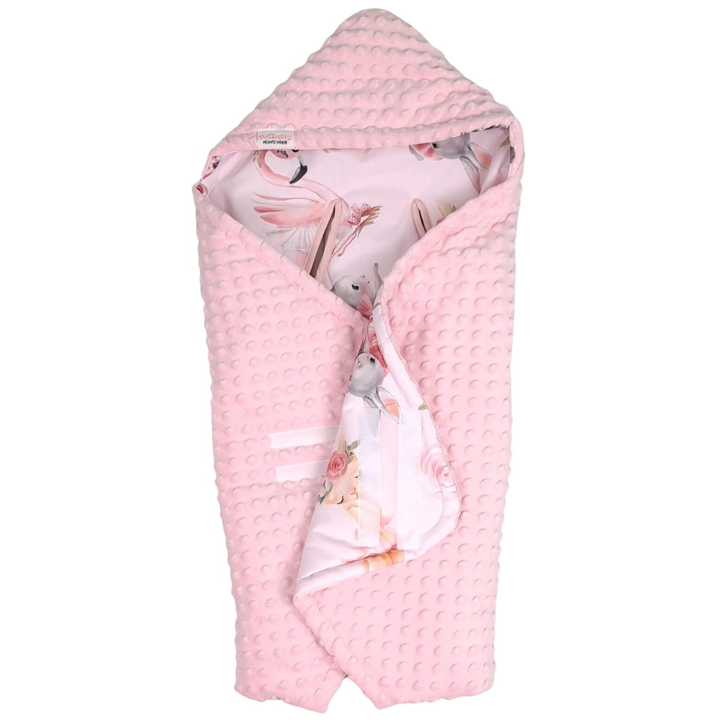 Ballerina baby car seat blanket with hood, premium pink plush and cotton ballerina pattern, breathable and 5-point harness compatible.
