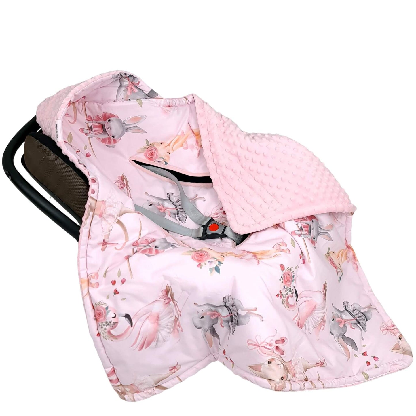 Ballerina pattern car seat blanket in infant car seat, soft pink plush and premium cotton ballerina print, hooded and suitable for 5-point harness.