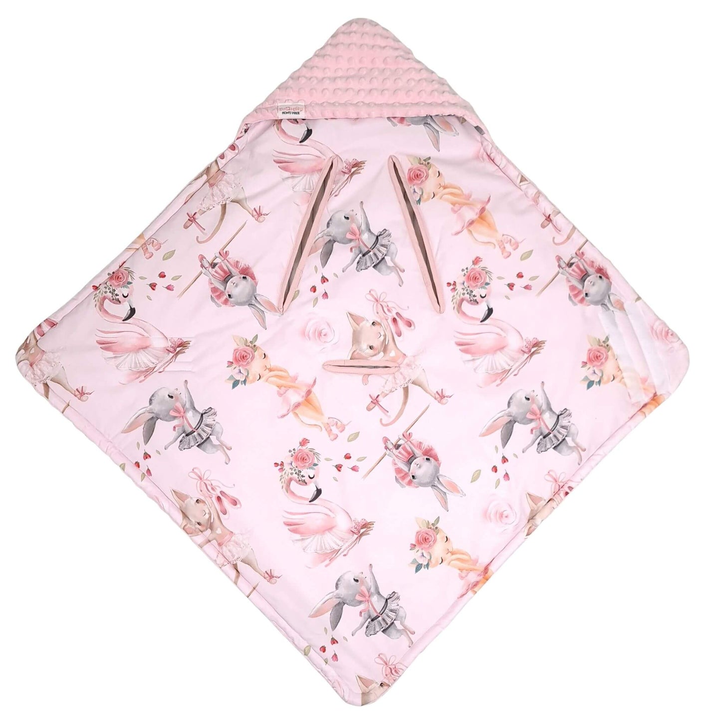Evcushy ballerina car seat wrap with soft pink plush and cotton print, cosy hooded blanket for babies 0–12 months, fits 5-point harness.