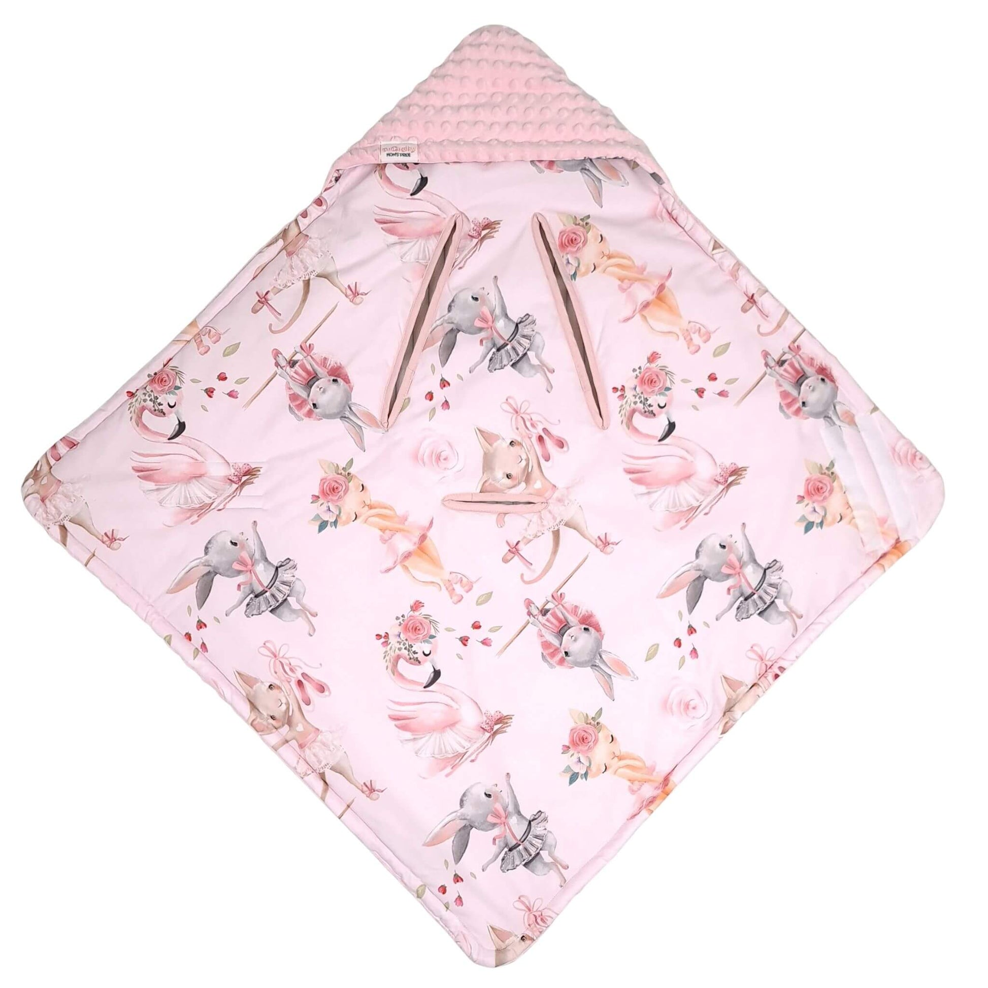 Evcushy ballerina car seat wrap with soft pink plush and cotton print, cosy hooded blanket for babies 0–12 months, fits 5-point harness.