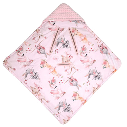 Evcushy ballerina car seat wrap with soft pink plush and cotton print, cosy hooded blanket for babies 0–12 months, fits 5-point harness.