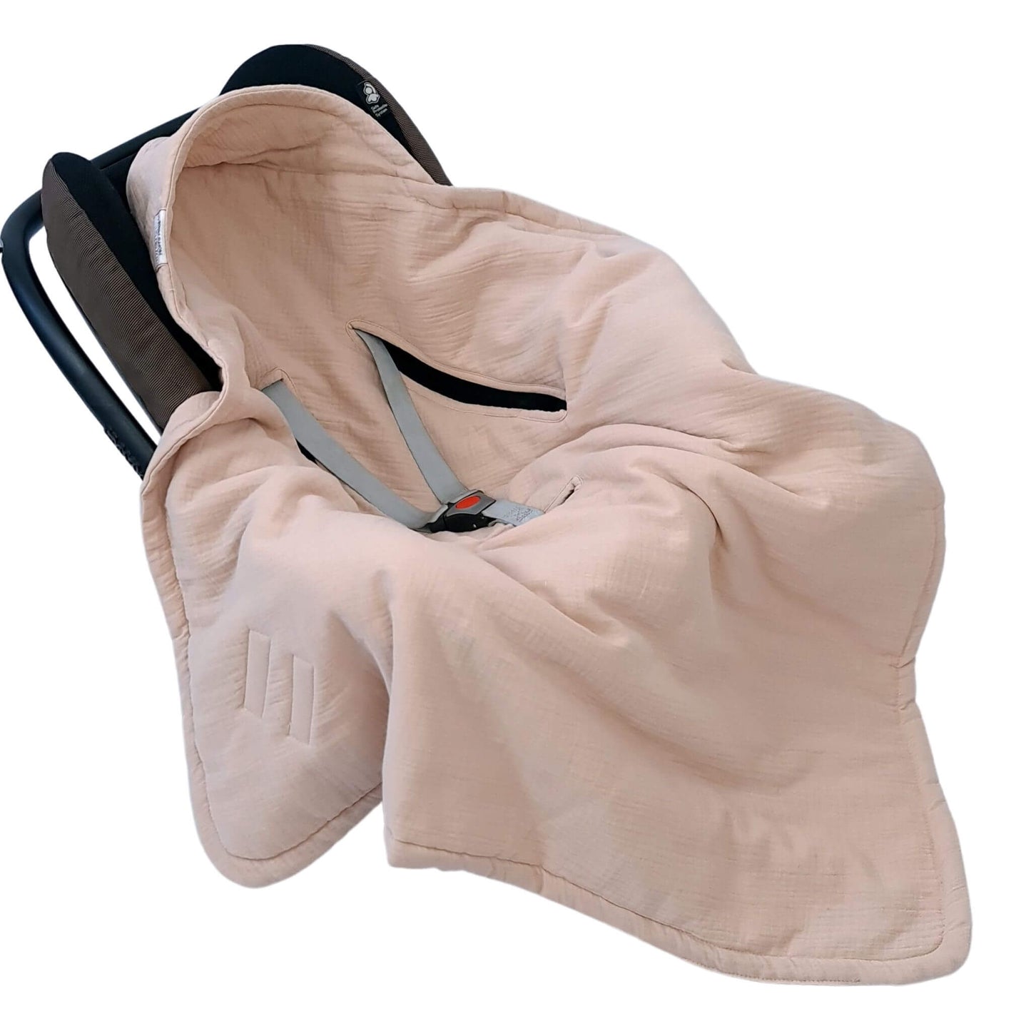 Evcushy baby hooded blanket used in stroller with 5-point harness compatibility