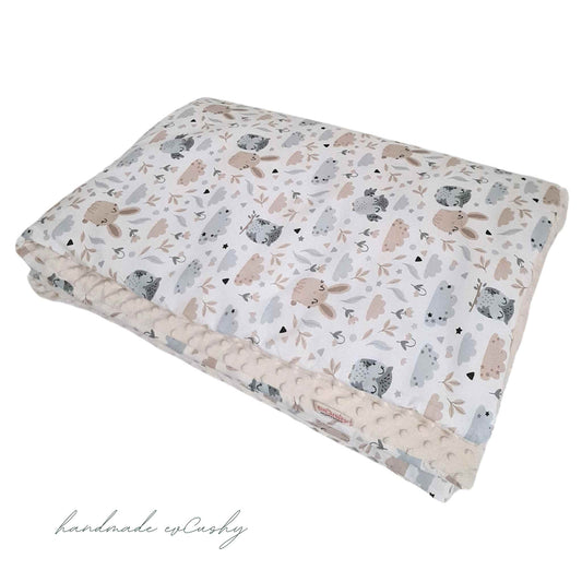 blanket 100x135cm and pillow 40x60cm for cot bed and junior bed featuring owls and bunnies 