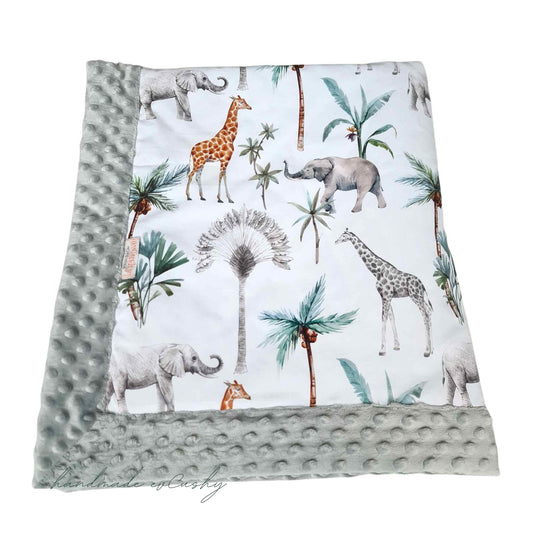 blanket quilt for crib buggy warm cosy grey fleece on one side and 100% cotton on reverse with safari pattern evcushy