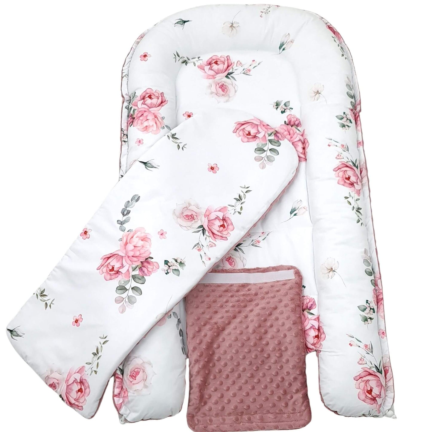 Top view of Blooming Rose XXL baby nest with pink plush bottom and rose pattern on white cotton